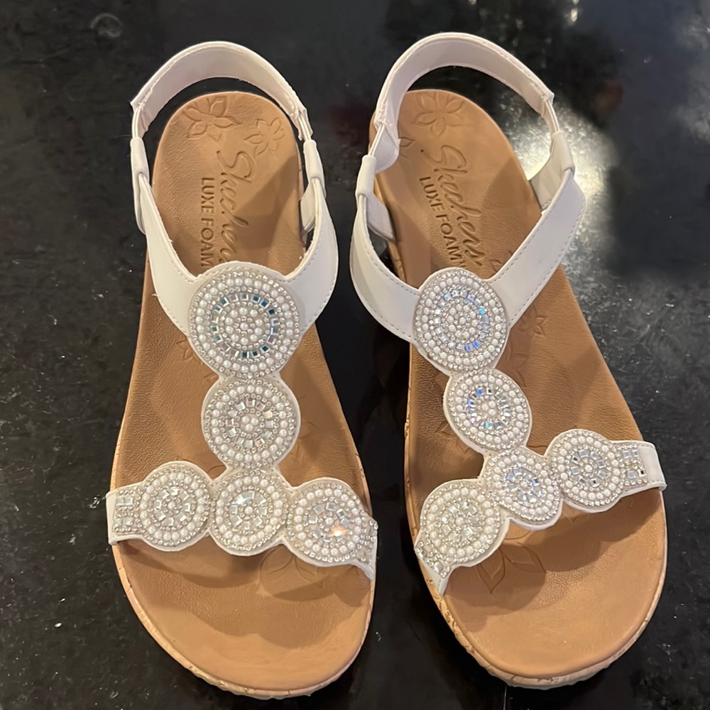 Skechers Luxe Foam White Sequin Cork Wedges
